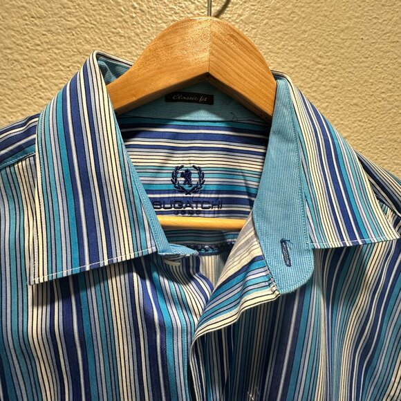 Mens BUGATCHI UOMO Size L. Multicolored striped shirt - Picture 1 of 10